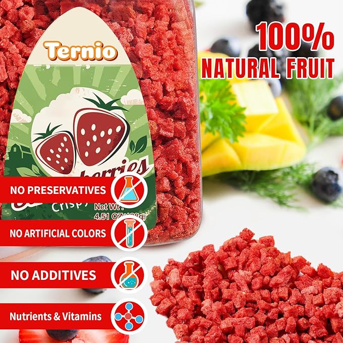 Ternio Premium Freeze Dried Strawberries - 4.51 Oz/128g - Trace Maltose Frozen Dried Strawberry Pieces - 100% Natural - Healthy Freeze Dried Fruit Snack & Topping for Beverages or Recipes.