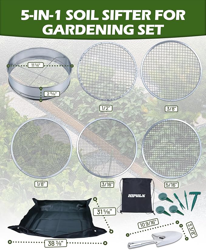 5-in-1 Soil Sifter Set with 5 Replaceable Stainless Steel Mesh Screen & Shovel (1/8" - 1/2"), Soil Sifter for Soils, Compost, Bonsai etc. (11-5/8" Diameter) (15-in-1 Sets)