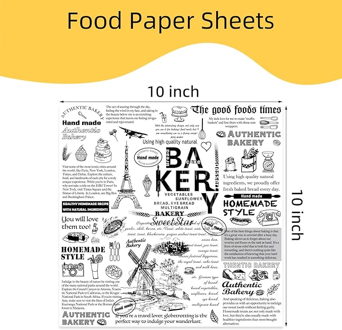 10" x 10" Food Paper Sheets (100 Pack) - Premium Deli Paper Sheets - Greaseproof Liners for Food Boats - Pre Cut Sandwich Wrappers - Food Basket Sheets for Baking, BBQ, Picnic, Festival