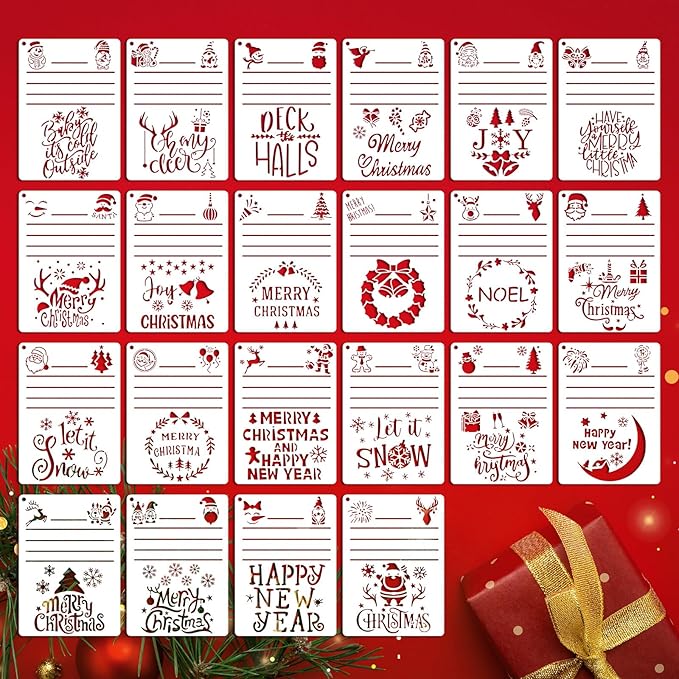 22Pcs Christmas Stencils for Crafts Reusable, Journal Stencil for Card Making Supplies, Drawing Happy New Year Christmas Stencils for Painting On Wood, Crafts, Wall Decorations(7 × 5 Inch)