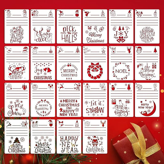 22Pcs Christmas Stencils for Crafts Reusable, Journal Stencil for Card Making Supplies, Drawing Happy New Year Christmas Stencils for Painting On Wood, Crafts, Wall Decorations(7 × 5 Inch)
