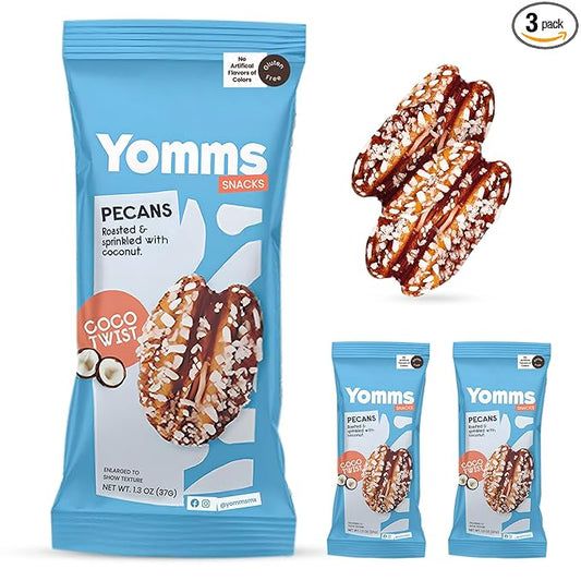 Yomms Coco Twist Pecans Halves – Low Sugar Healthy Dessert Snack | Sweet Coconut & Crunchy Pecan Snack | Lightly Sweetened, Honey Roasted Mixed Nuts | Great for Snacking, Salads - 1.3oz - Pack of 3