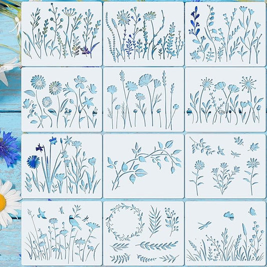 Marspark 20 Pieces Wildflower Stencils for Painting Template Flower Wall Stencils Reusable Spring Templates PET DIY Drawing for Painting on Wood Wall(Rectangular Style)