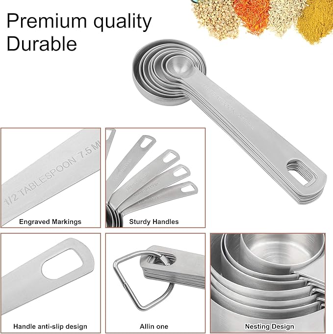 Smithcraft Measuring Cups Set, 18/8 Stainless Steel Measuring Cups and Spoons Set, Metric&US Metal Measuring Cups and Spoons Set for Baking&Kitchen, Heavy Duty 7 Measuring Cups & 8 Spoons With Leveler