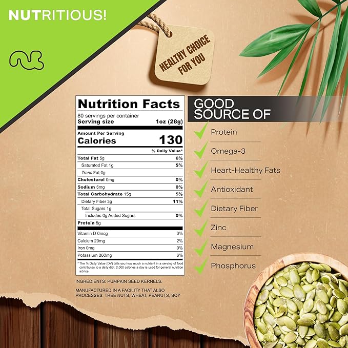 NUT CRAVINGS - Raw Pumpkin Seeds Pepitas, Unsalted, Shelled, (80oz - 5 LB) Bulk Nuts Packed Fresh in Resealable Bag - Kosher Healthy Snack, Food Assortments Ideal for Trail Mixed Nuts