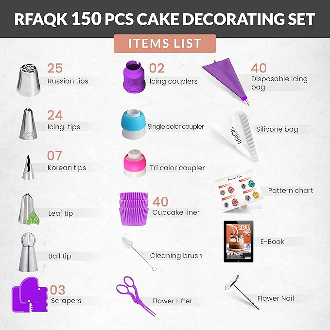 RFAQK 150PCs Russian Piping Tips Complete Set - Cookie,Cupcake Decorating Supplies Kit -Cake Piping Tips Set(24 Icing Tips+25 Russian+7 Ruffle+Leaf&Ball+41 Pastry Bags+EBook)