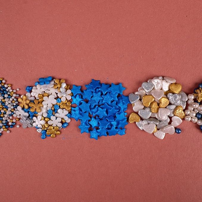 Confect Christmas Sprinkles | Blue, White, Gold & Silver Mix | Edible Pearl, Star & Heart Shaped Sprinkles | Holiday Cake & Cupcake Decorations- 5 Oz