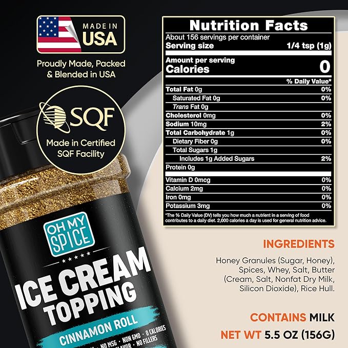 Ice Cream Topping Cinnamon Roll Mix - Gluten Free & Low Sodium Cinnamon and Sugar Flavor for Coffee Toppings. Cinammon Sugar Powder Seasoning for Oatmeal, Yogurt & Dessert. Sweet Buttery Blend. 5.5oz
