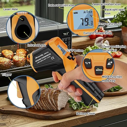 Infrared Thermometer Laser Temperature Gun with Cal Calibration, -58℉ to 1112℉, for Cooking, Oven,Meat Food,HVAC,Appliance（Yellow）