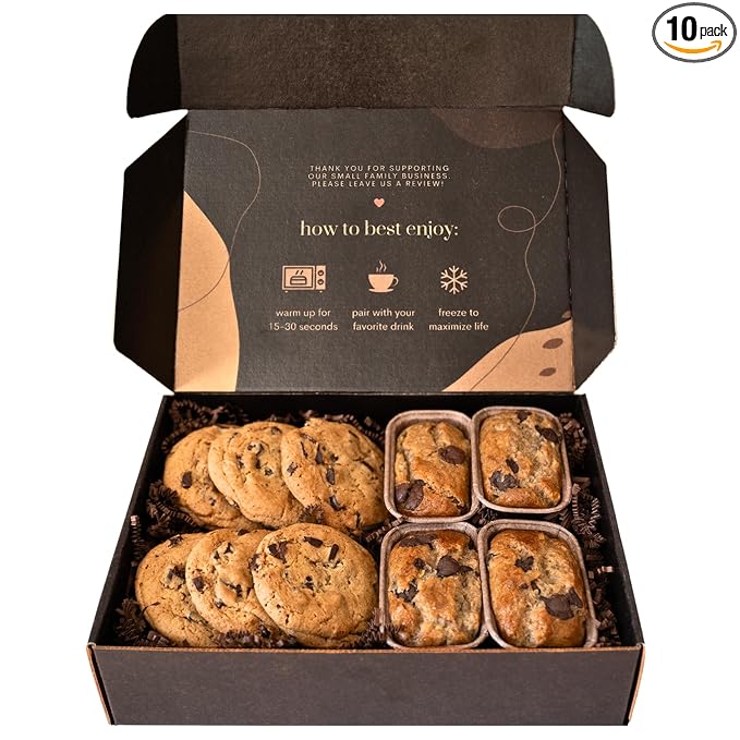 Valentines Day Gift Box of Gourmet Banana Bread and Chocolate Chip Cookies by Sweetness Central, Baked Fresh, 4 Banana Breads & 6 Chocolate Chip Cookies, Individually Wrapped to Arrive Moist