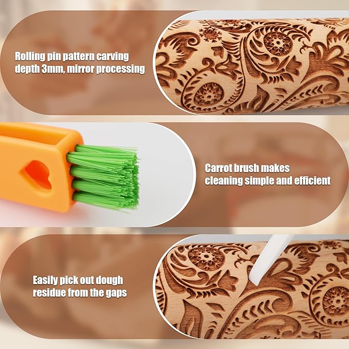 17" Premium Wooden Rolling Pins for Baking with European Embossed Designs | 3mm Deep Springerle Cookie Molds | Christmas Rolling Pin & Baking Gifts for Women | Includes 3-in-1 Cleaning Brush