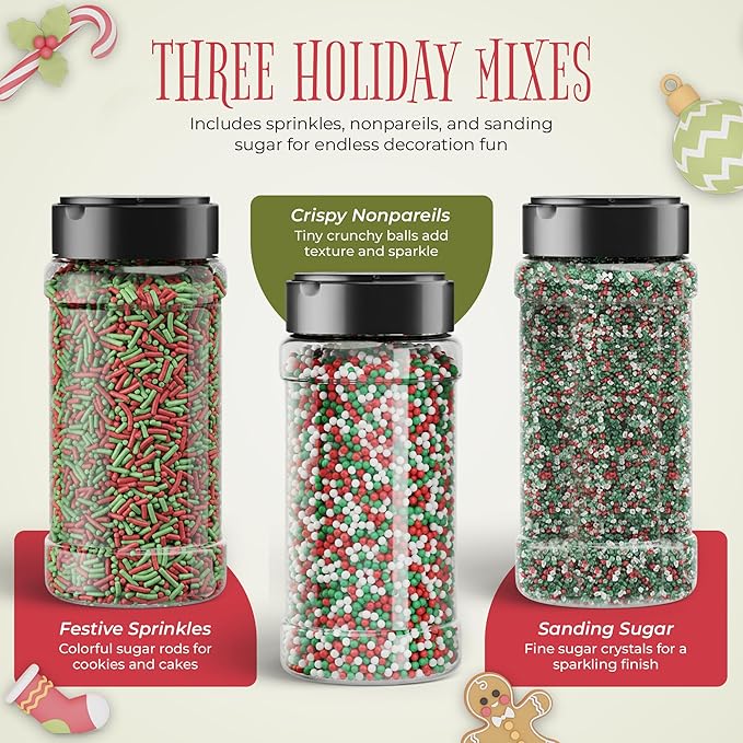 NY Spice Shop Christmas Sprinkles Nonpareils & Sanding Sugar – Red Green White Nonpareils & Sprinkles - Edible Christmas Festive Cooking Decor Sprinkle - Candy Cane Sprinkles for Baking and Dessert Toppings