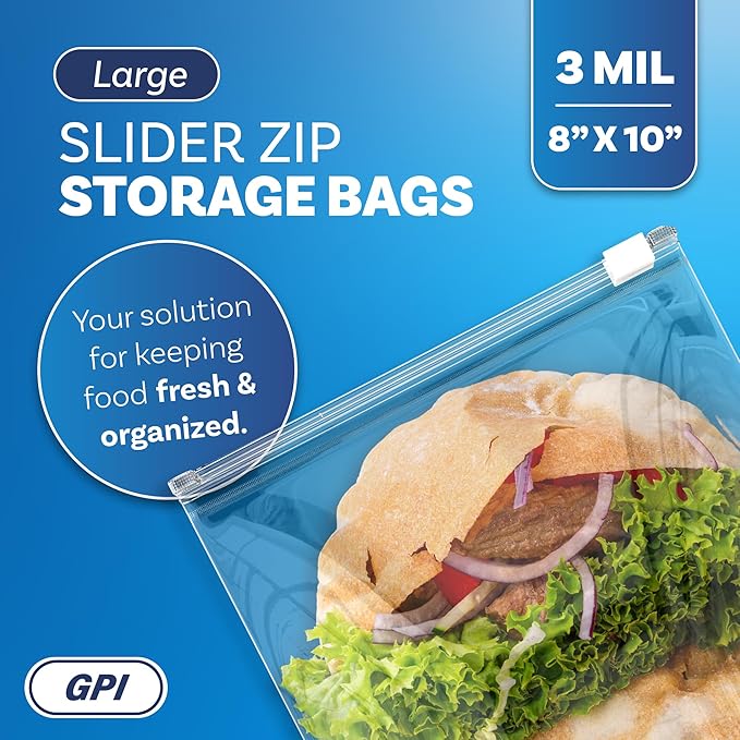 100 Count - Slider Zip Food Storage Bags, 8" x 10" (1/2 Gallon) 3 Mil Heavy Duty, Strong & Durable For Freezer Storage, For Sandwiches, Snacks & More. GPI