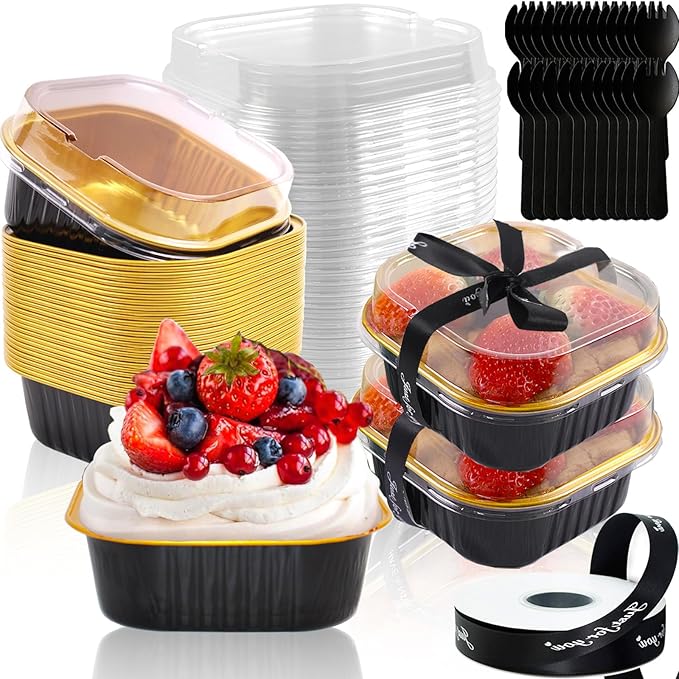 5oz Mini Cake Pans With Lids 50 Pack Aluminum Foil Square Brownie Baking Cups,Disposable Loaf Pans With Lids and Spoons Ribbon,Cupcake Pans Muffin Cake Tins Cake Container(Black)