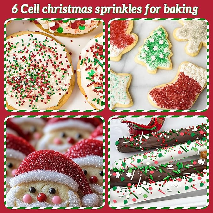 Christmas Sprinkles Green Christmas Tree Sprinkles Sanding Gugar Red Green White Jimmies Mix Holiday Cake Sprinkle Confetti Quin Mix Crystral for Cake Baking Ice Cream Cookies Cupcake Topper 6.7 Oz