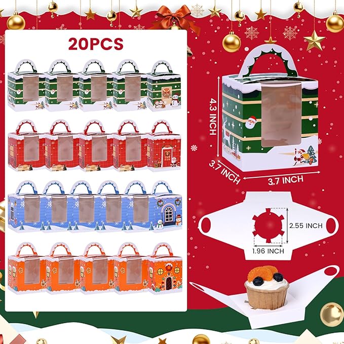 20PCS Christmas Cupcake Boxes,Cookie Boxes with Window for Christmas Party Birthday Family Gathering 3.7" x 3.7" x 4.3"