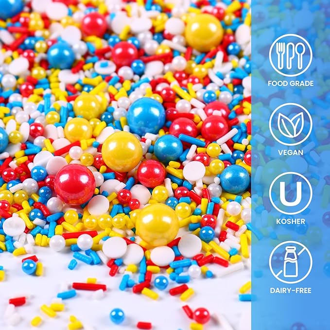 Red Blue and Yellow Sprinkles for Cake Decorating, 3.52oz Funfetti Edible Pearl Sprinkles for Cupcake Baking Ice Cream Cookie, Party Cake Decoration