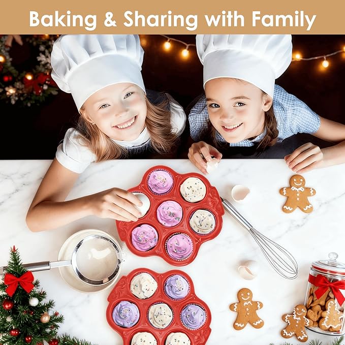 Youeon 2 Pack Red Ceramic Muffin Pans, 7 Cup Nonstick Cupcake Baking Pans with Floral Handles, Oven & Dishwasher Safe Muffin Tins for Muffins, Cupcakes, Mini Cheesecakes, Holiday Baking Gift