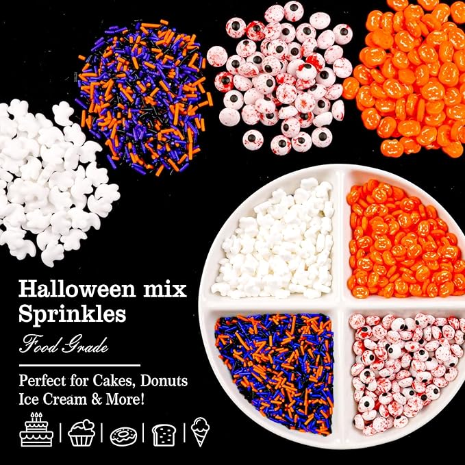 Halloween Sprinkles for Cake Decorating, Edible Candy Eyeballs, Pumpkin Sugar Sprinkles Mix, 160g/5.64oz, Perfect for Cake Decoration, Cupcake Decorations Cookies Toppings