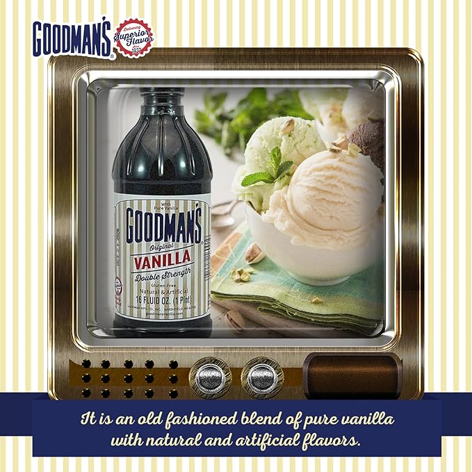 Goodman's Original Vanilla Double Strength - Gluten-Free, Non-GMO, Kosher, Low Carb & Low Calorie, a Blend of Artificial flavors with Pure Vanilla - No Animal Products, No Sugar (16oz Bottle)
