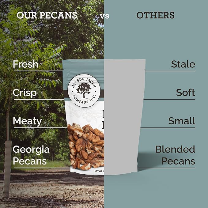 HUDSON PECAN COMPANY | Fresh Fancy Georgia Pecans Pieces | Local, Rich & Flavorful, Kosher Certified | Ideal for Baking, Cooking, Desserts, Salads & Snacking, 12 oz Resealable Pouch