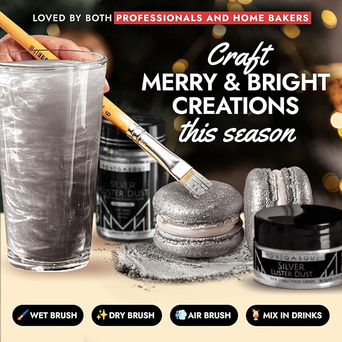 MONÉGASQUE Silver Edible Glitter for Drinks 7g – Edible Glitter for Cakes & Cocktails – Luster Dust for Drinks, Cocktail, & Cakes – Silver Christmas Cake Decorations Spray Sprinkles & Drink Shimmer