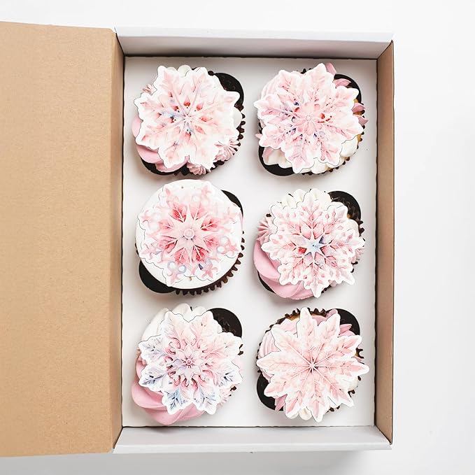 Gyufise 60Pcs Edible Snowflake Cupcake Toppers Winter Cupcake Picks Water Paper Winter Frozen Cake Decorations for Snowflake Theme Baby Shower Kids Birthday Party Supplies Multi Pink