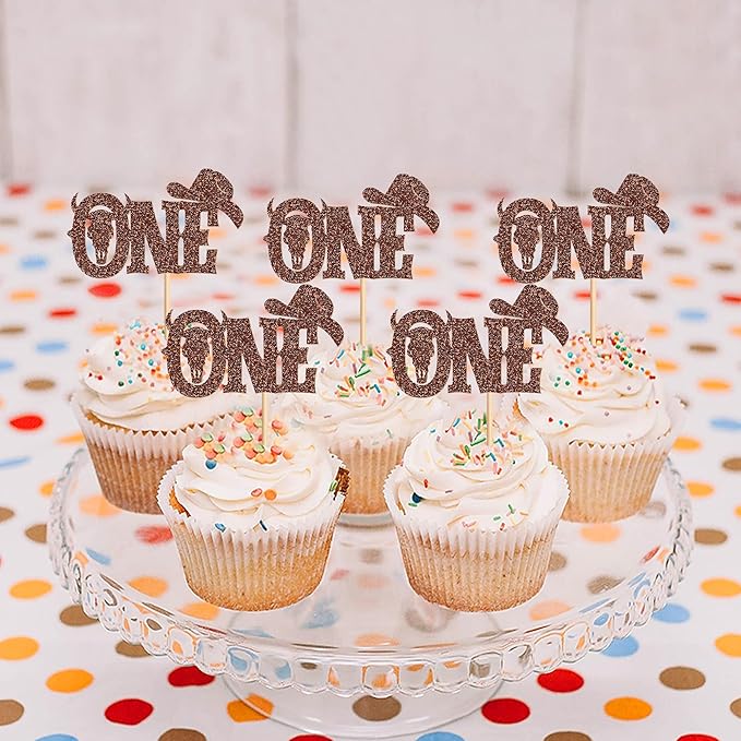 24Pcs Glitter ‘One’ Cowboy Cake Toppers Western Theme Cupcake Picks with Horseshoes Baby Shower Boys Birthday Party Cake Decorations Supplies
