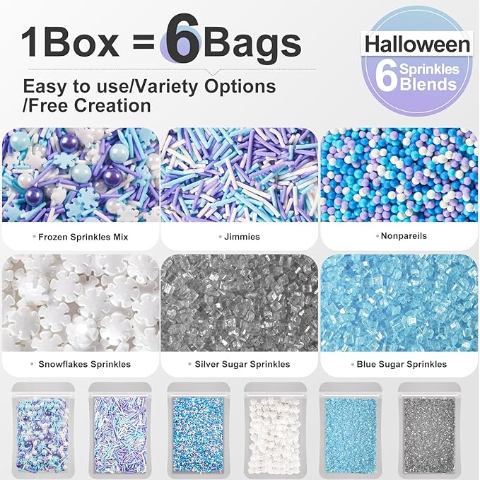 HUEBEATY 6-in-1 Frozen Snowflakes Sprinkles for Cake Decorating- 180g Winter Cake Sprinkles with Jimmies, Nonpareils, Blue & Silver Sugar, Edible Frozen Cake, Cupcake Toppers & Birthday Decorations for Cakes, Cupcakes, Cookies & Icecream