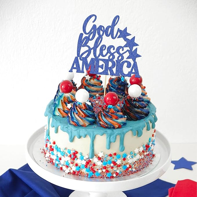 1Pc God Bless America Cake Topper Blue Glitter Independence Day Cake Decorations for USA Patriotic Happy 4th of July American National Day Party Supplies