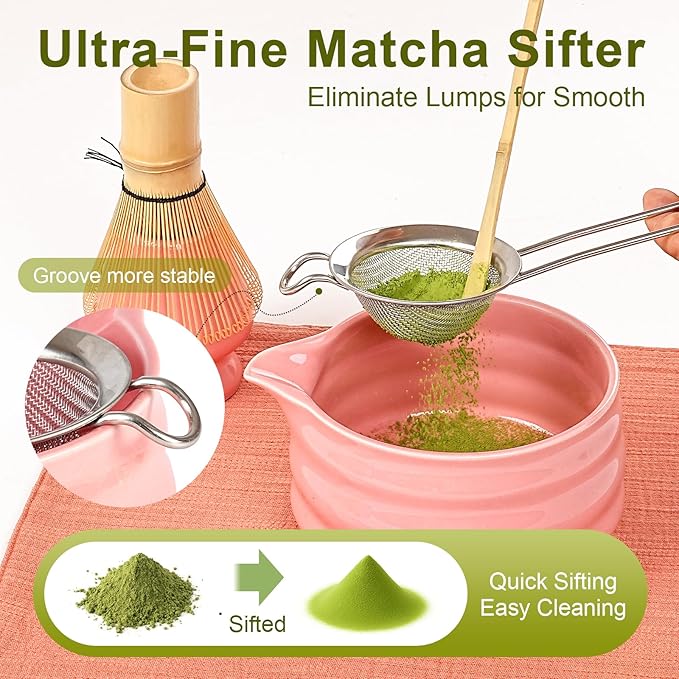 Matcha Whisk Set, 7Pcs Matcha Set - Matcha Bowl with Spout, Handcrafted Bamboo Whisk Chasen & Ceramic Holder, Steel Sifter, Towel, Matcha Kit for Tea Lovers, Timeless Ideal Gift (Pink)