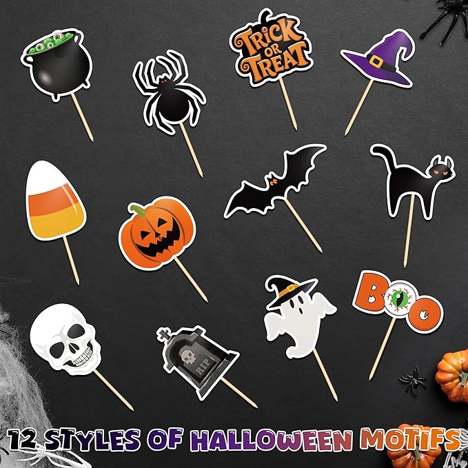 24 PCS Halloween Cupcake Toppers, 12 Designs Halloween Cake Decorations, Pumpkin Ghost Spooky Cake Topper, Halloween Birthday Cake Toppers for Theme Babyshower Kids Party Supplies