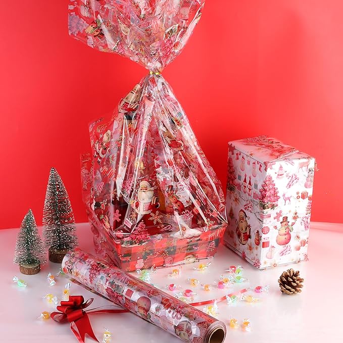 Kolewo4ever 100 Ft X 32 inch Pink Christmas Cellophane Wrap Roll Vintage Xmas Cellophane Wrap with Special Santa Claus Elk Xmas Tree for Christmas Gift Basket,Treat Wine