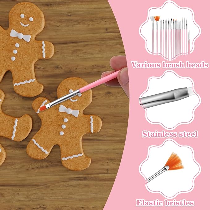 15 PCS Cake Painting Brushes Pink Cookie Decorative Paint Brushes Food Safe Paint Brush Multifunction Sugar Cookie Decorating Brush Kit for DIY Fondant Candy Cakes Baking Painting Decorations Supplies