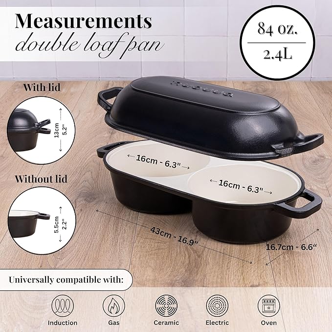 Dutch Oven for Sourdough Bread Baking – Enamelled Cast Iron Bread Loaf Pot – 500°F Oven Safe Non Stick Bread Pot – Double Round Loaf Space, 16.5cm Diameter, Black, – by Nuovva