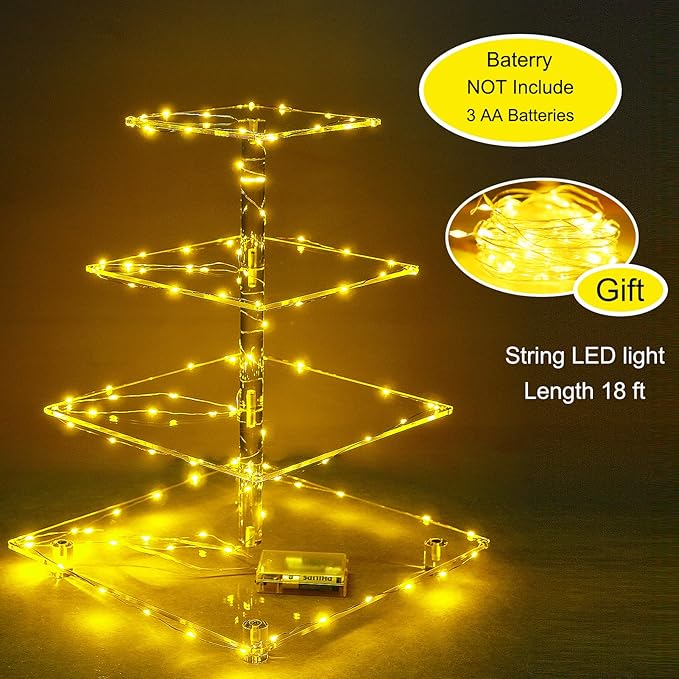 Cupcake Stand, Elegant Cupcake Holder with Brighter Yellow LED String Light, Clear 4-Tier Square Acrylic Cupcake Tower for Wedding, Birthday, Baby Shower, Party