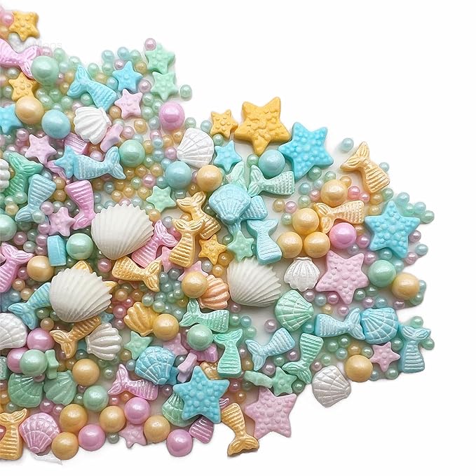SE Si&Moos Edible Mermaid and Shell Sprinkles Mermaid Cupcake Toppers Mermaid Cake Decorations Beach Cake Decoration Shower Party Birthday Holiday Supplies 3.5 OZ with Tweezers