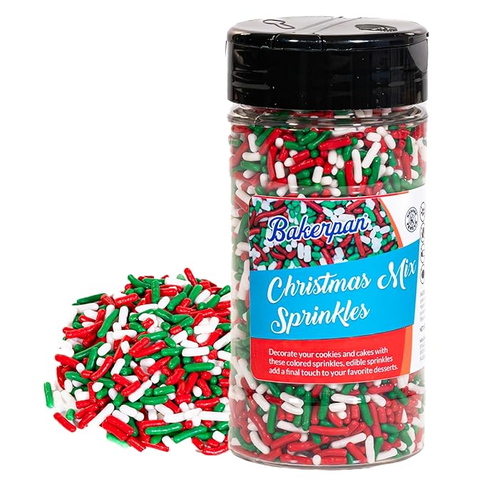 Bakerpan Christmas Jimmies Sprinkles - 6 Ounces Edible Sprinkles for Cake Decorating, Cupcakes, Ice Cream, Cake Decorations (Made in USA)