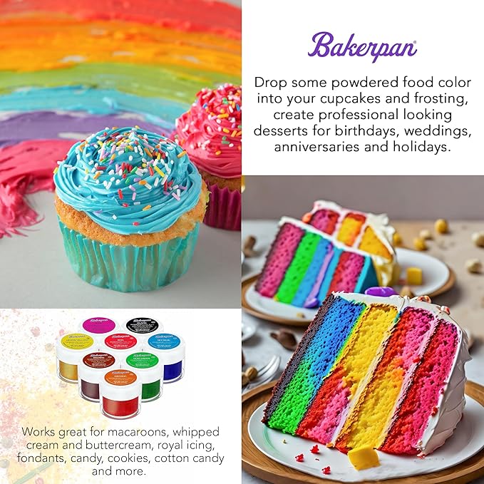 Bakerpan Food Coloring Powder for Baking, Cake Decorating Color Dust, 4 Gram Jars - Set of 8 Colors (Made in USA)