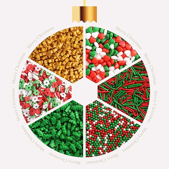Christmas Sprinkles for Cake Decorating - Fancy Star Cake Sprinkles 6 Cell Edible Cupcake Sugar Mix Set for Holiday Cookie Jimmies for Baking Red Green Gold -6.7OZ