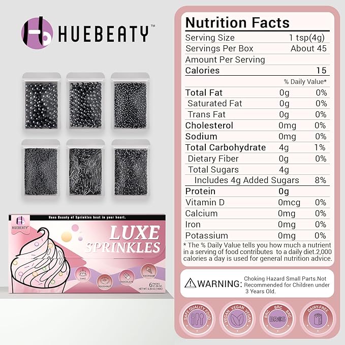 HUEBEATY 6-in-1 Black Edible Cake Pearls Sprinkles for Cake Cookies Decorating and Baking | 180g/6.36oz | Black Sanding Sugar for Cookies | Edible Graduation, Halloween Sprinkles and Decorations