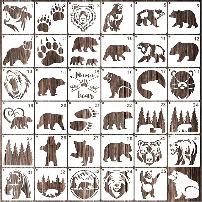 35 Pack Bear Stencils for Painting on Wood, Pine Tree Stencils Bear Claw Wildlife Animal Stencil Template for DIY Craft Wall Fabric Rock Chalkboard Sign School Art Scrapbook Projects (Bear)