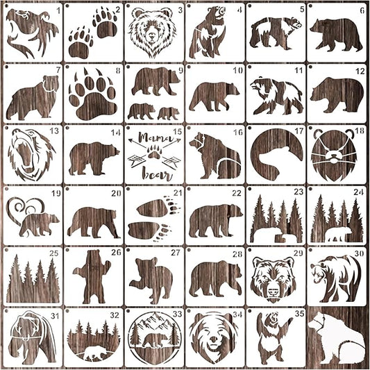 35 Pack Bear Stencils for Painting on Wood, Pine Tree Stencils Bear Claw Wildlife Animal Stencil Template for DIY Craft Wall Fabric Rock Chalkboard Sign School Art Scrapbook Projects (Bear)