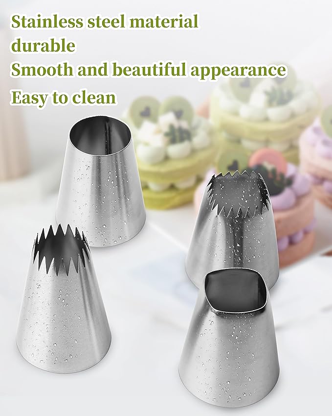 4Pcs X-Large Stainless Steel Square Round Piping Nozzles Set,Stainless Steel Icing Nozzles Piping Kit for Cake Decorating,Piping Tips Set