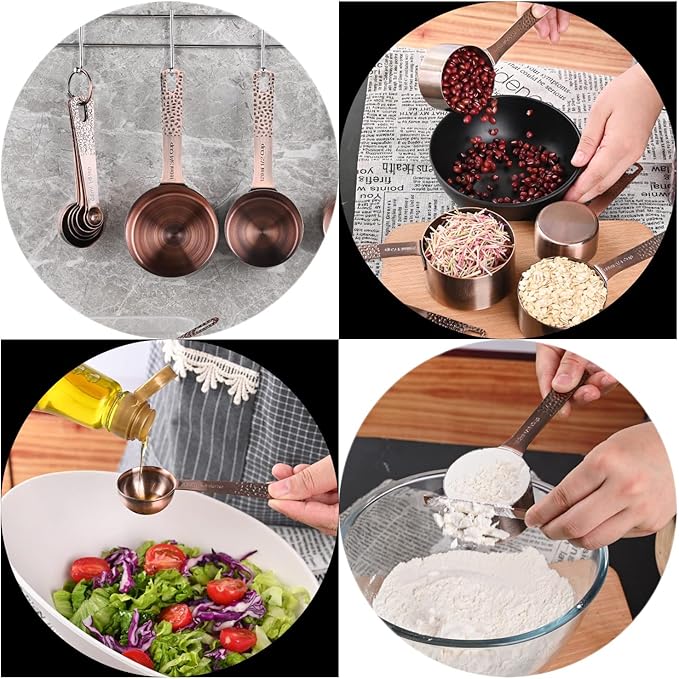 Copper Measuring Cups and Spoons Set - Stainless Steel 6 Cups, 7 Spoons, 1 Leveler, 2 Locking Rings - Kitchen Tool