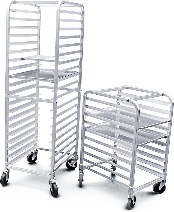 New Star Foodservice 36527 Commercial-Grade Aluminum 20-Tier Sheet Pan/Bun Pan Rack, 26" L x 20" W x 69" H with Brake Wheels Silver