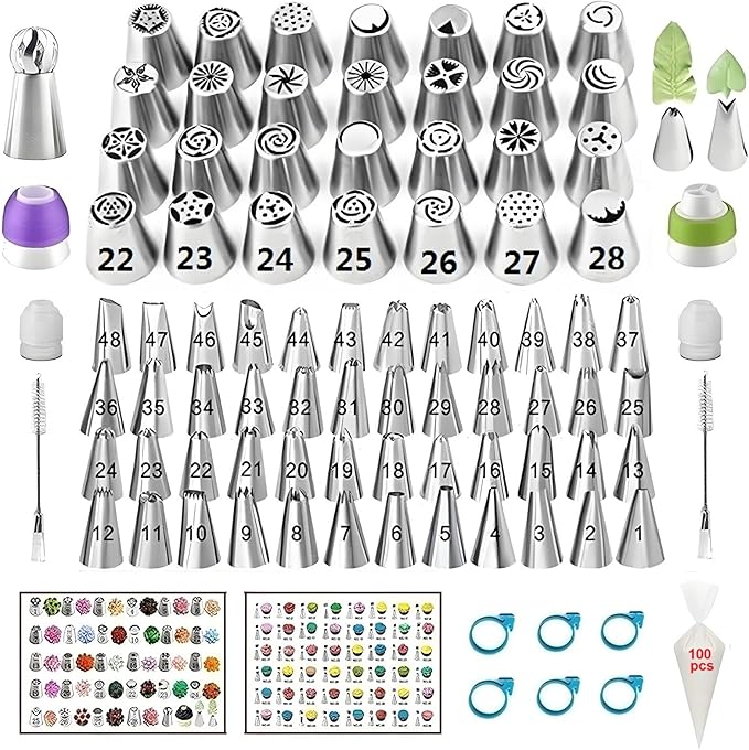193 Pcs Russian Piping Tips Set, with 28 Numbered Russian Tips,48 Numbered Icing Tips,1 Ball Tip,2 Leaf Tips,Pattern Chart,100 Pastry Bags,4 Couplers,6 Bag Ties for Cake Decorating