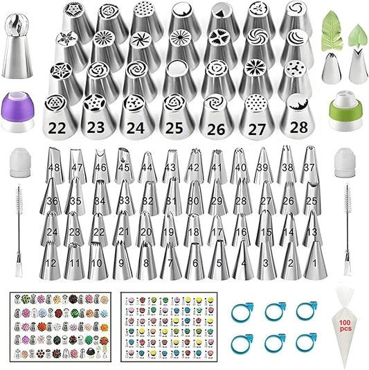 193 Pcs Russian Piping Tips Set, with 28 Numbered Russian Tips,48 Numbered Icing Tips,1 Ball Tip,2 Leaf Tips,Pattern Chart,100 Pastry Bags,4 Couplers,6 Bag Ties for Cake Decorating