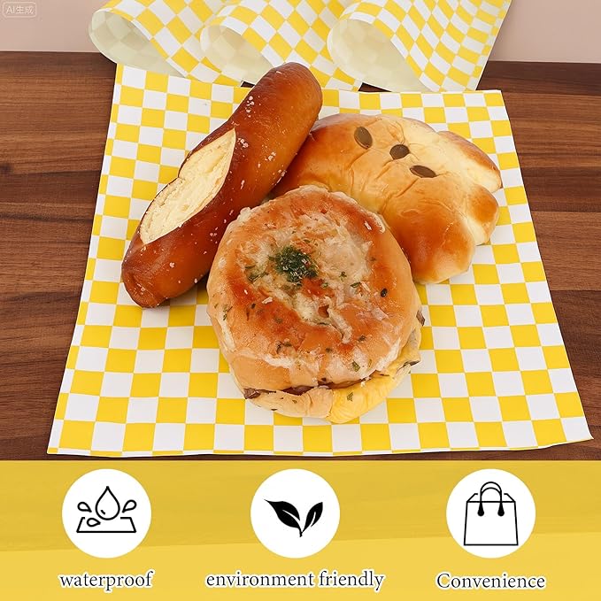 200 Pcs Wax Paper Sheets for Food Deli Wrap Paper Sheets 8.5x8.5"Food Basket Liners Checkered Square Sandwich Wraps for Burgers Bread Restaurant Barbecue Picnic(Yellow)