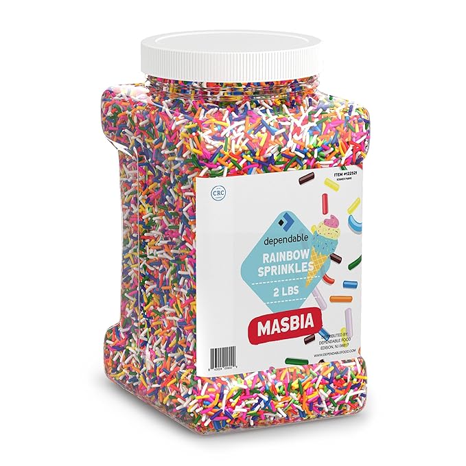 Dependable Food Rainbow Sprinkles - 2 Lb. Bulk Container - Gluten-Free, Kosher, Colorful Jimmies for Cake Decorating, Cupcakes & More - Resealable Jar
